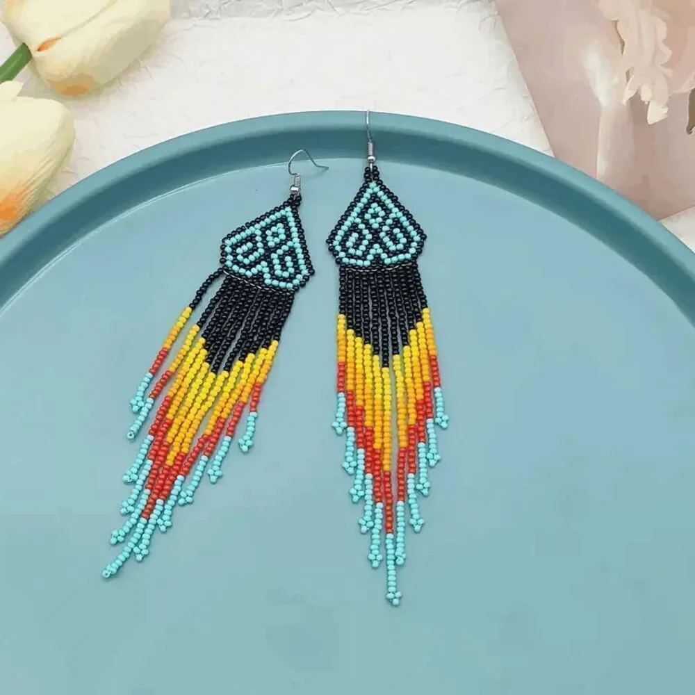 Tribal Boho Style Beaded Tassel Dangle Earrings